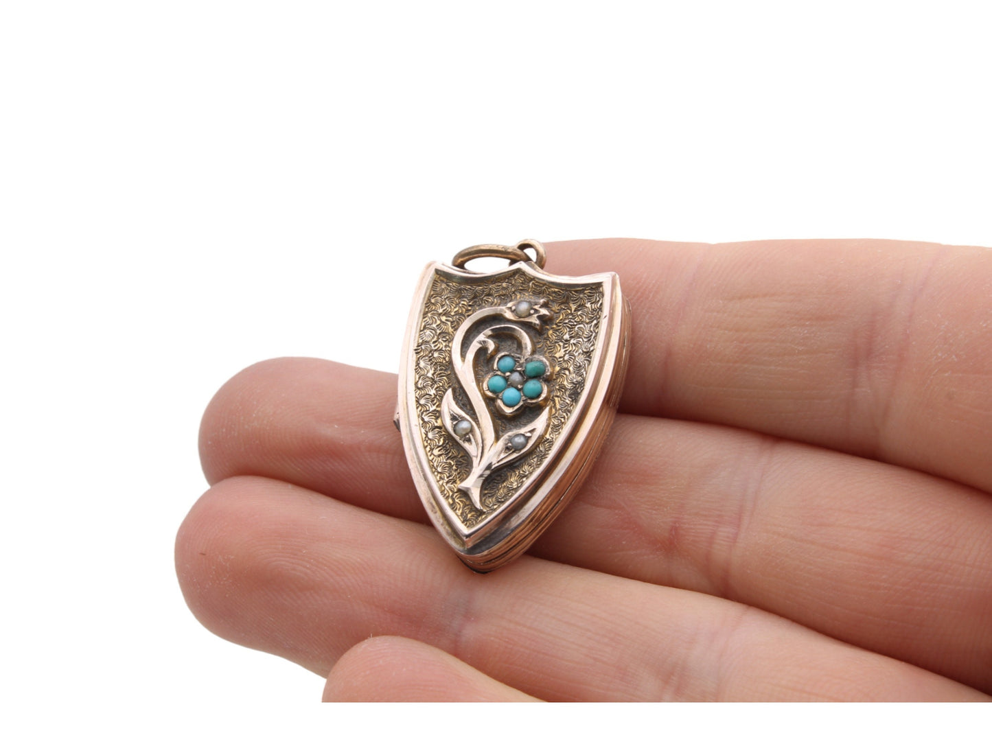Antique 9ct Gold Forget-Me-Not Turquoise Shield Locket