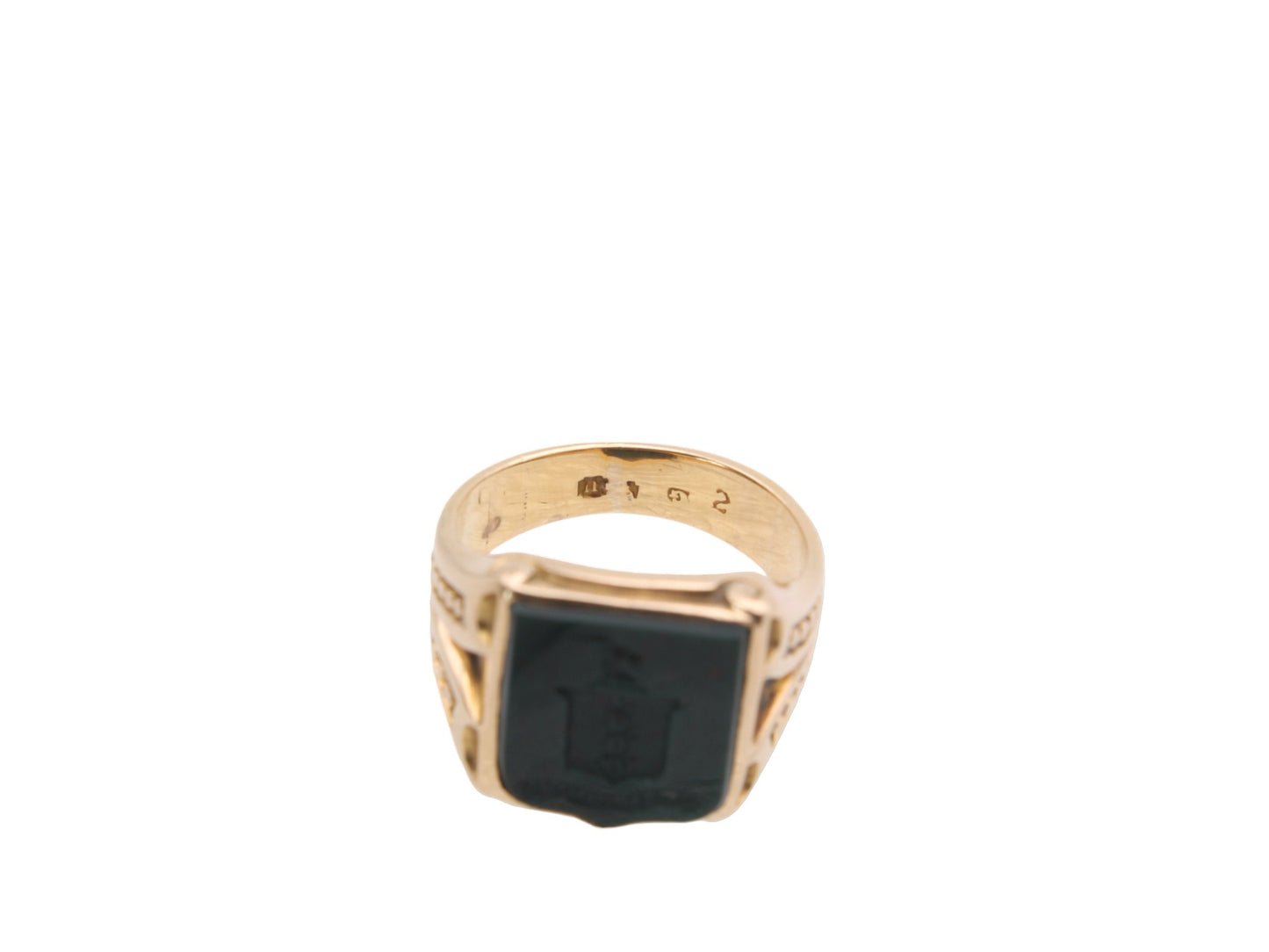 Antique-18ct-Gold-Intaglio-Bloodstone-Shield-Signet-Ring---Fairly-And-Firmly,-1869
