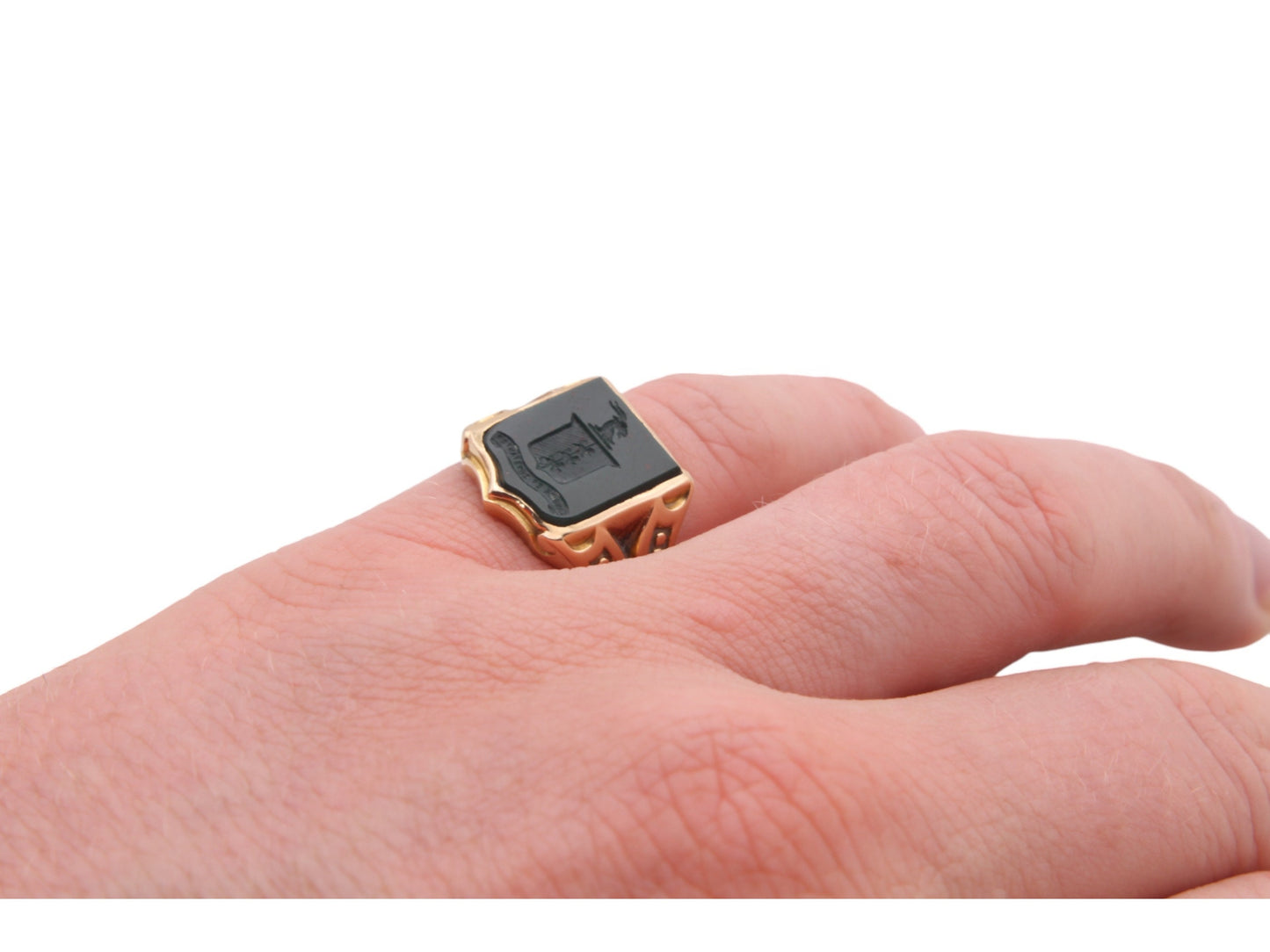 Antique 18ct Gold Intaglio Bloodstone Shield Signet Ring - Fairly And Firmly, 1869