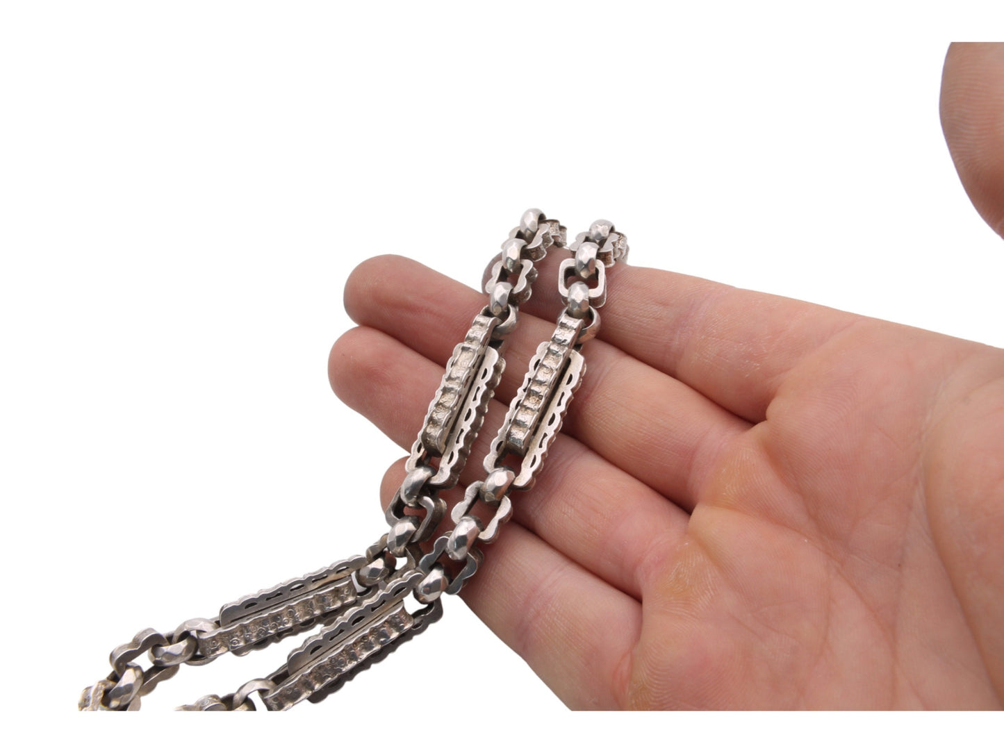 Antique Victorian Silver Fancy Link Necklace Watch Chain, 15"