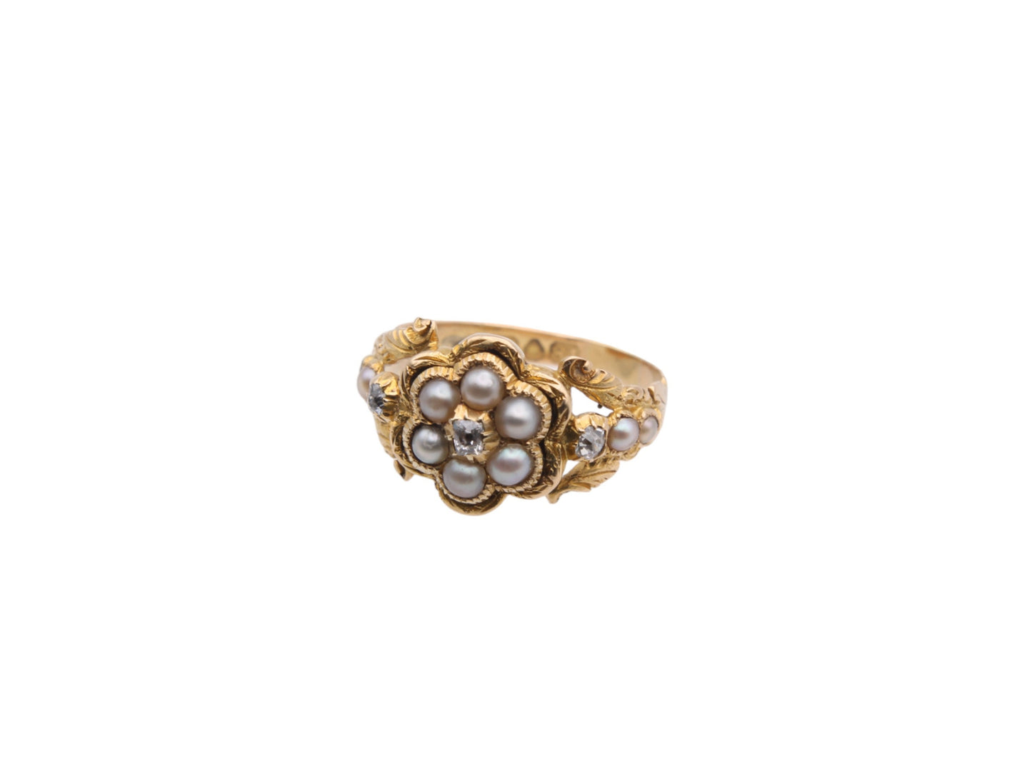 Antique Georgian 18ct Gold, Diamond And Pearl Forget Me Not Ring, 1827
