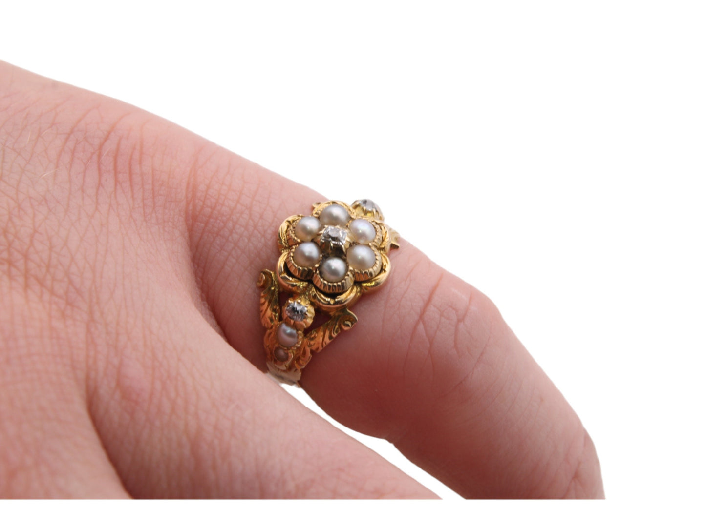 Antique Georgian 18ct Gold, Diamond And Pearl Forget Me Not Ring, 1827