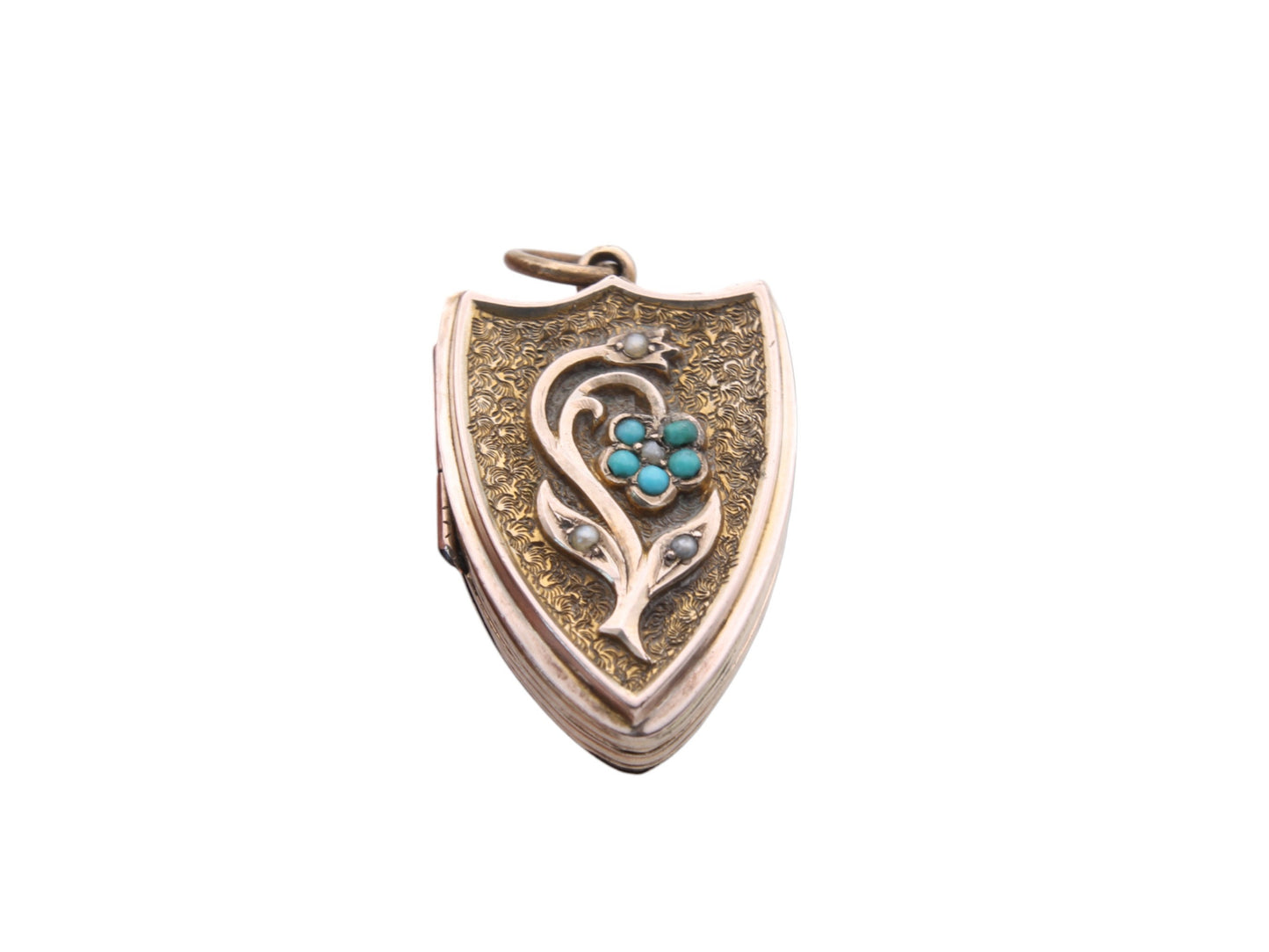Antique 9ct Gold Forget-Me-Not Turquoise Shield Locket