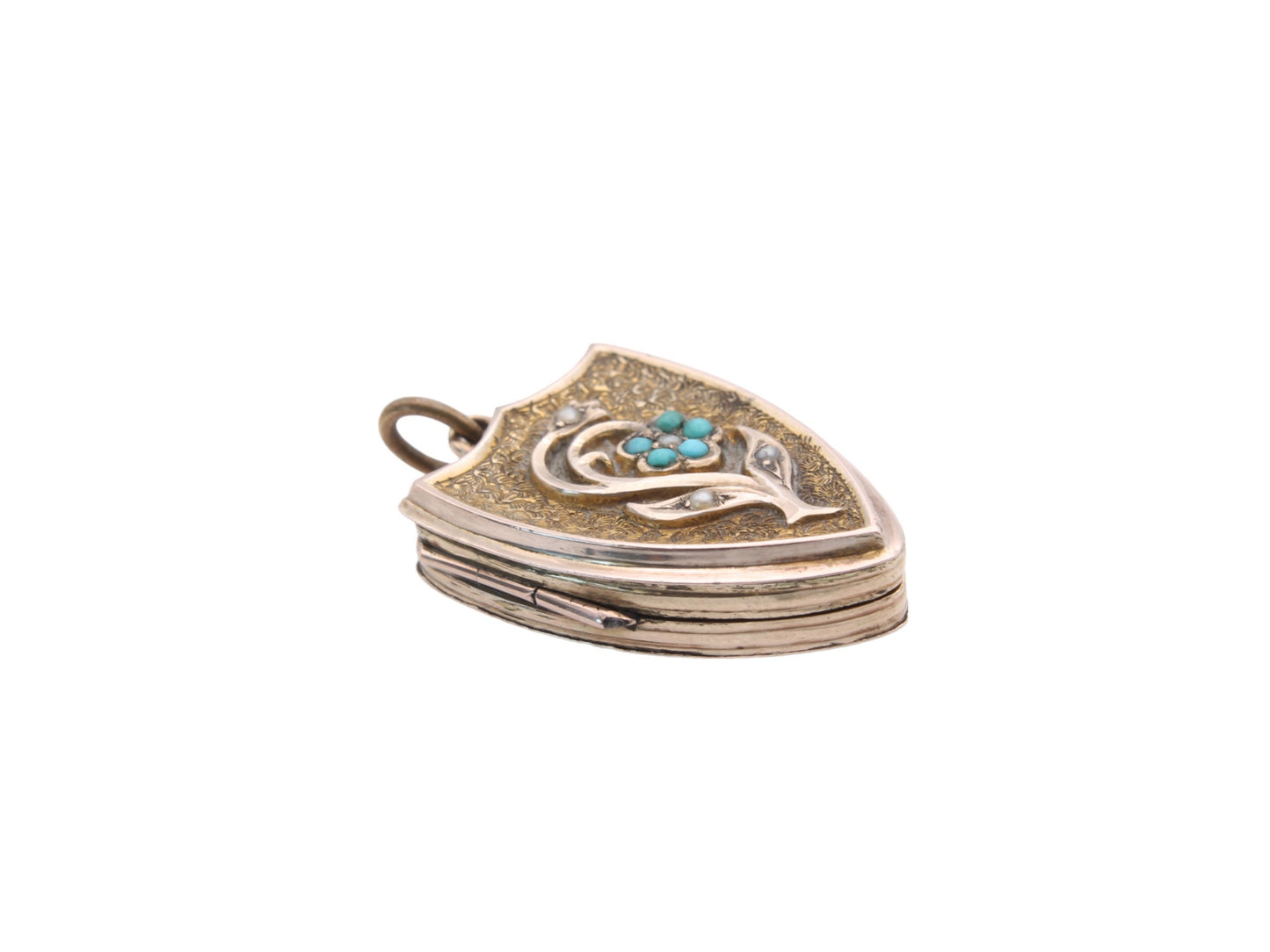 Antique 9ct Gold Forget-Me-Not Turquoise Shield Locket