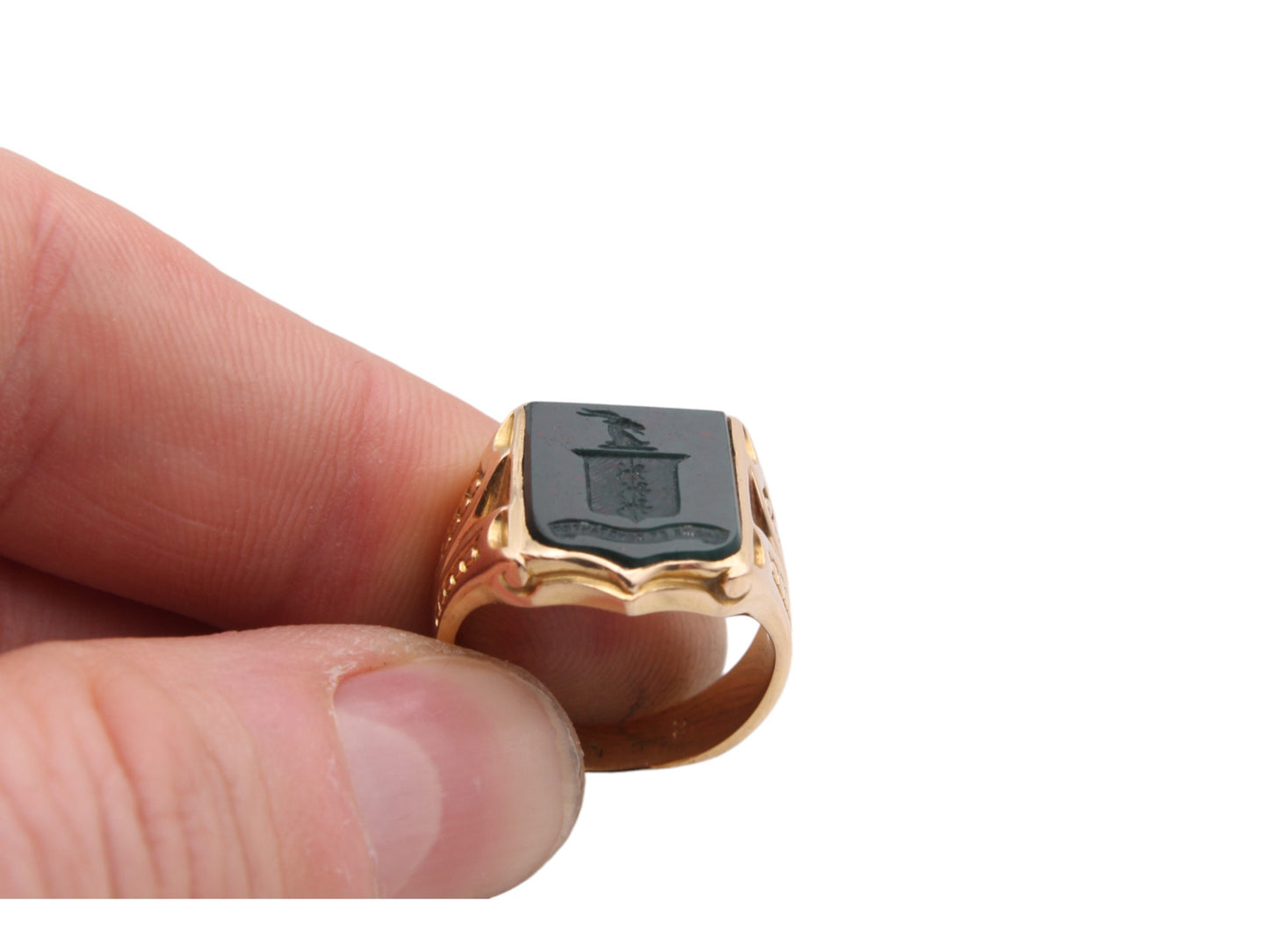 Antique 18ct Gold Intaglio Bloodstone Shield Signet Ring - Fairly And Firmly, 1869