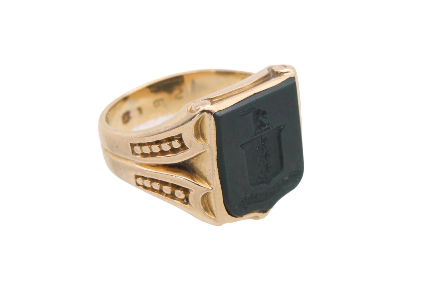 Antique 18ct Gold Intaglio Bloodstone Shield Signet Ring - Fairly And Firmly, 1869