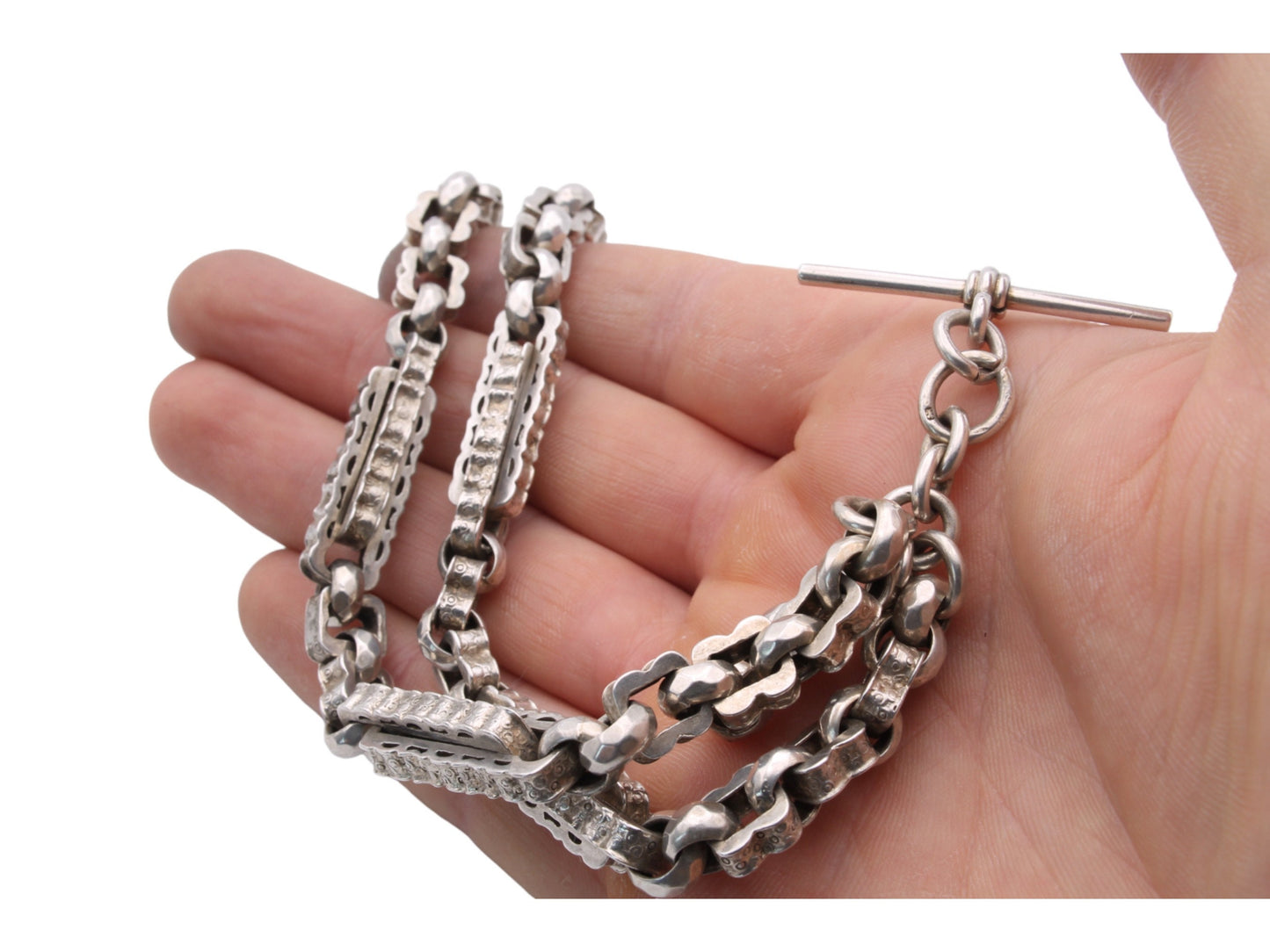 Antique Victorian Silver Fancy Link Necklace Watch Chain, 15"