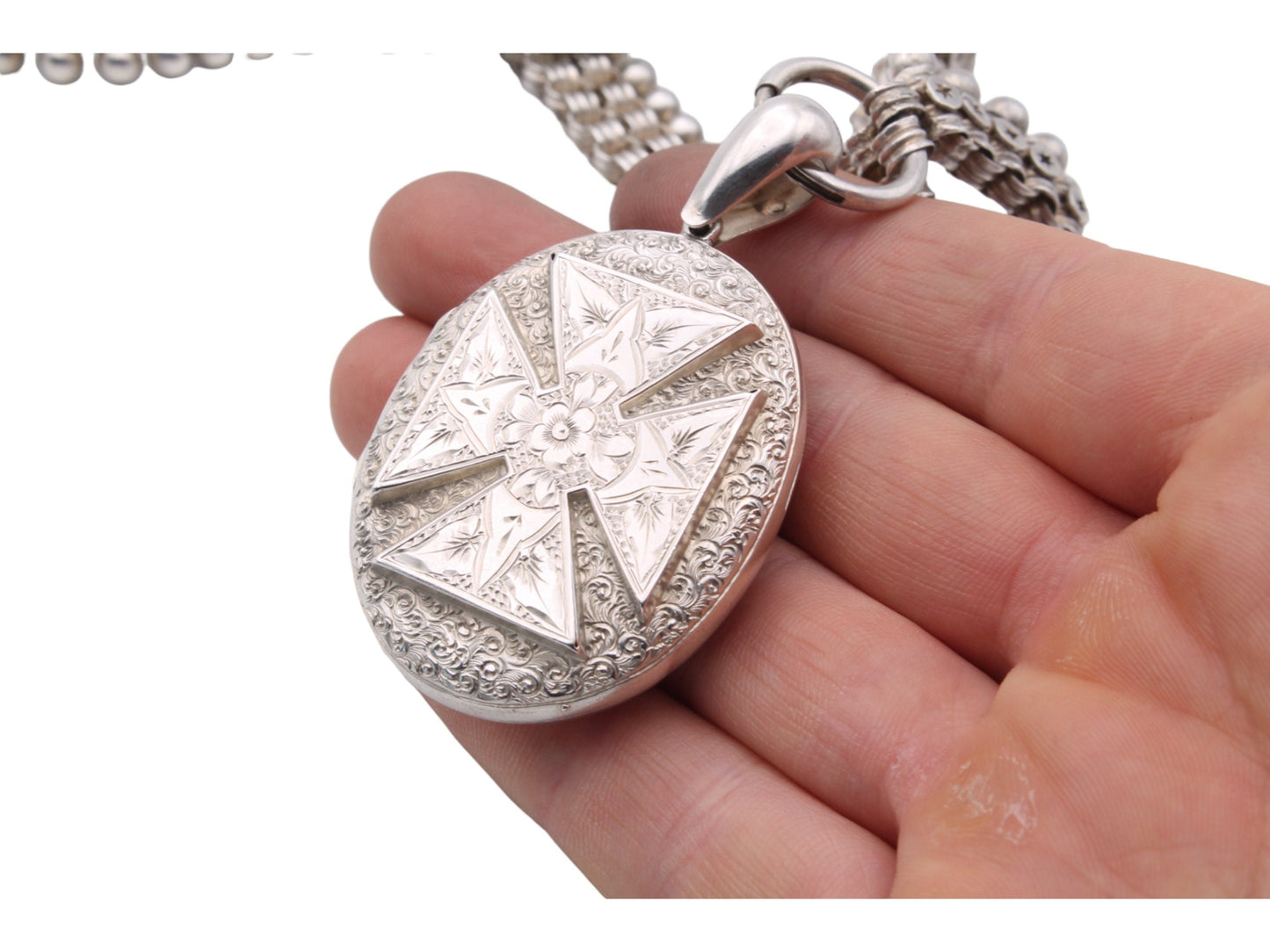 Victorian Sterling Silver Book Chain Locket Necklace: Maltese Cross, Forget-Me-Not