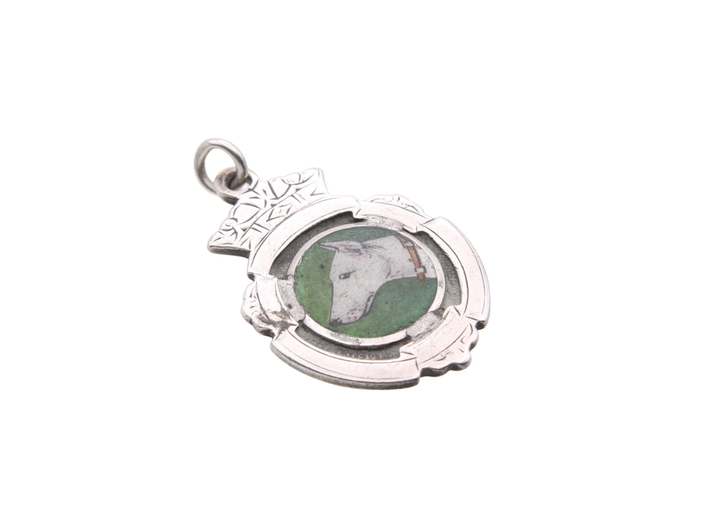 Antique Art Deco Sterling Silver Porcelain Painted Dog Pendant Fob