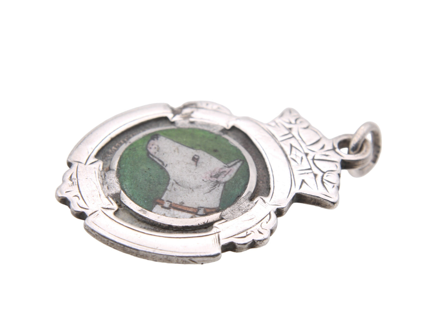 Antique Art Deco Sterling Silver Porcelain Painted Dog Pendant Fob