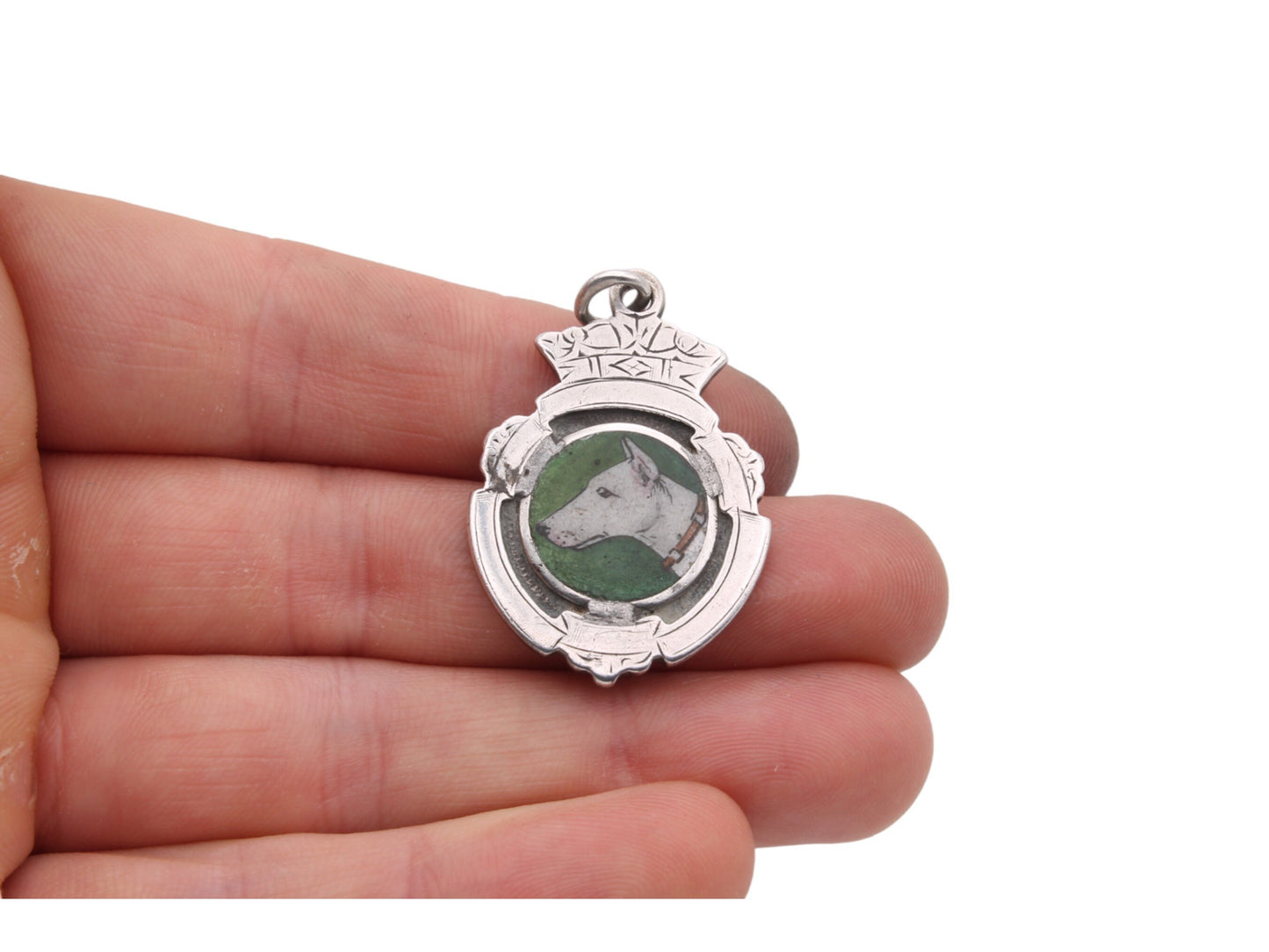 Antique Art Deco Sterling Silver Porcelain Painted Dog Pendant Fob
