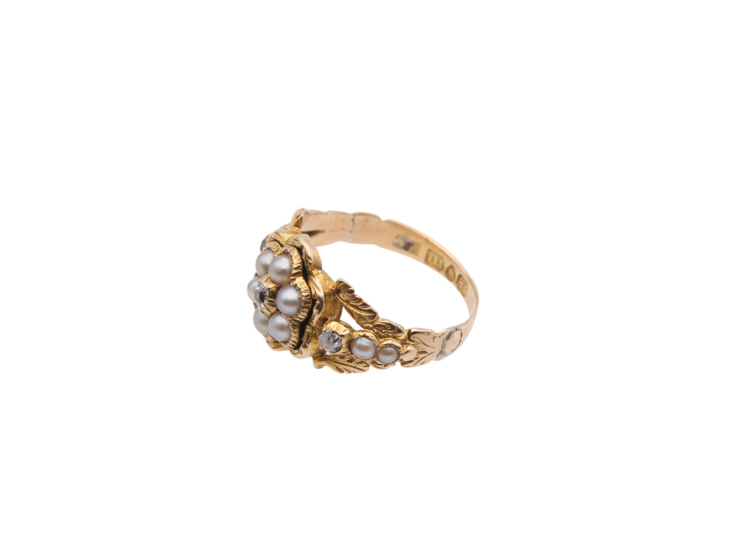 Antique Georgian 18ct Gold, Diamond And Pearl Forget Me Not Ring, 1827