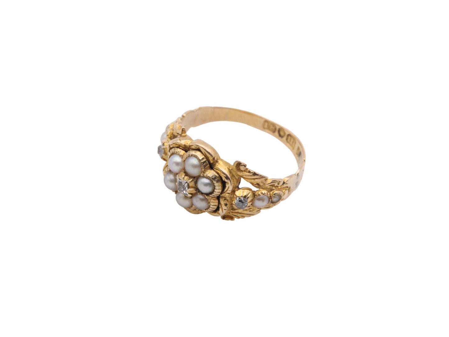 Antique-Georgian-18ct-Gold,-Diamond-And-Pearl-Forget-Me-Not-Ring,-1827