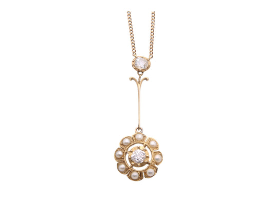 Antique 15ct Gold Diamond Pearl Cluster Necklace Pendant, .5ctw