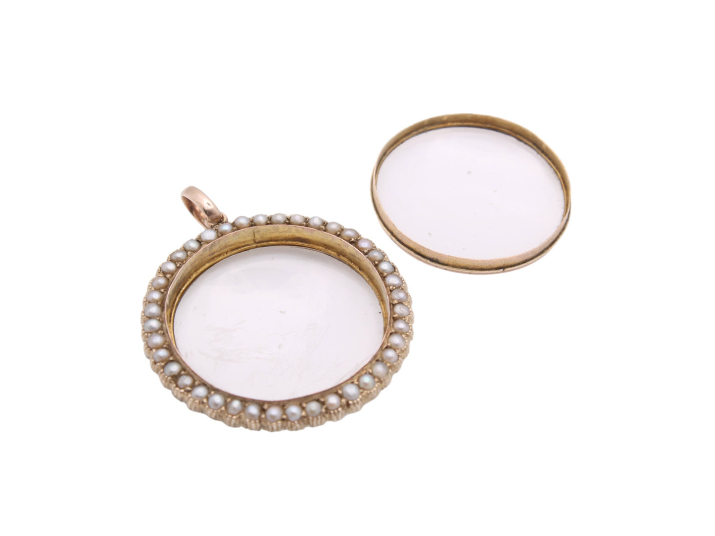 Antique 9ct Gold Seed Pearl Glass Photo Locket Pendant