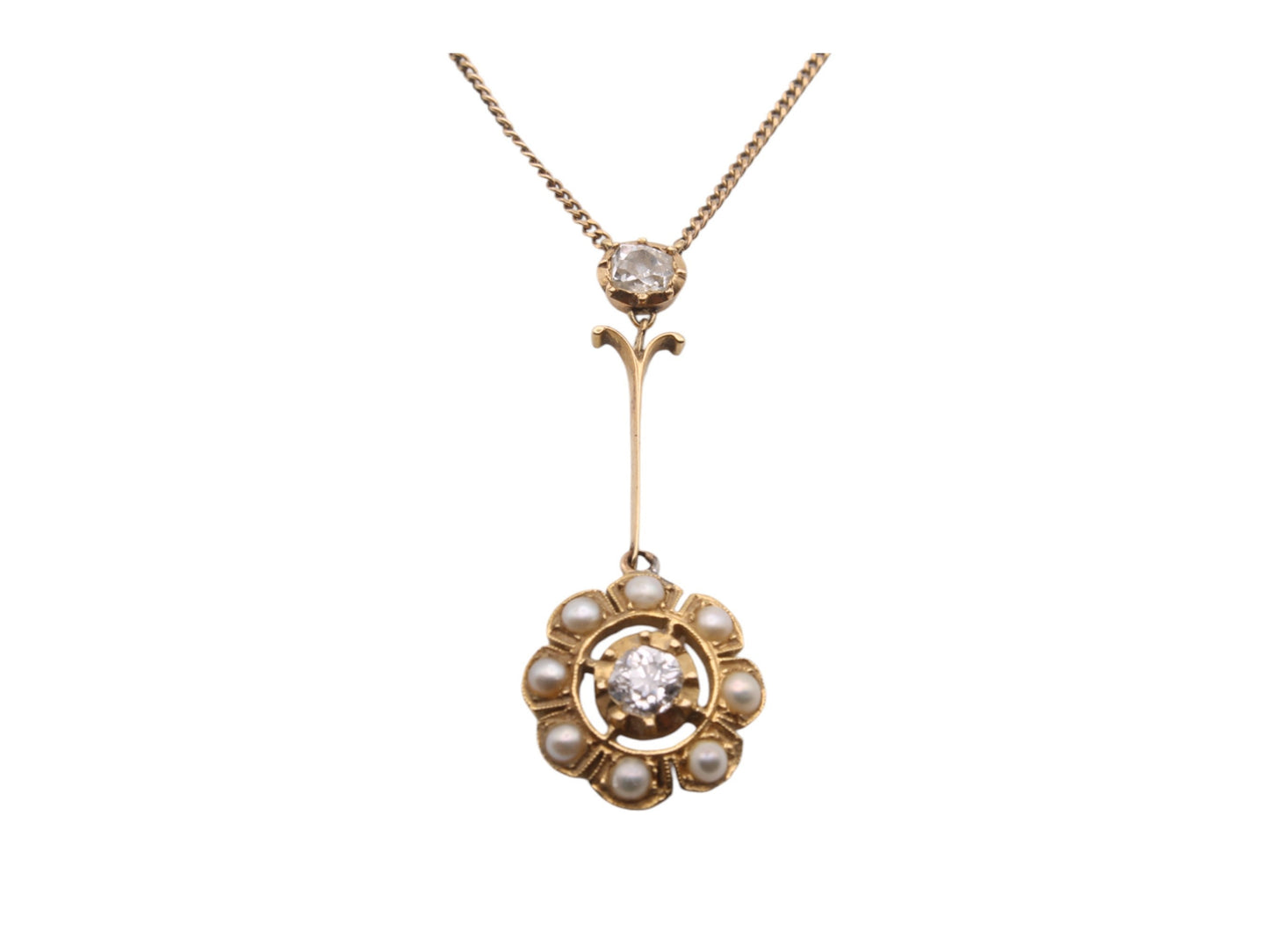 Antique 15ct Gold Diamond Pearl Cluster Necklace Pendant, .5ctw