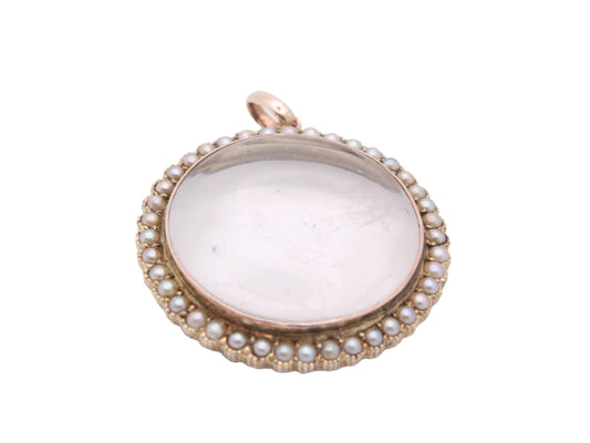 Antique 9ct Gold Seed Pearl Glass Photo Locket Pendant
