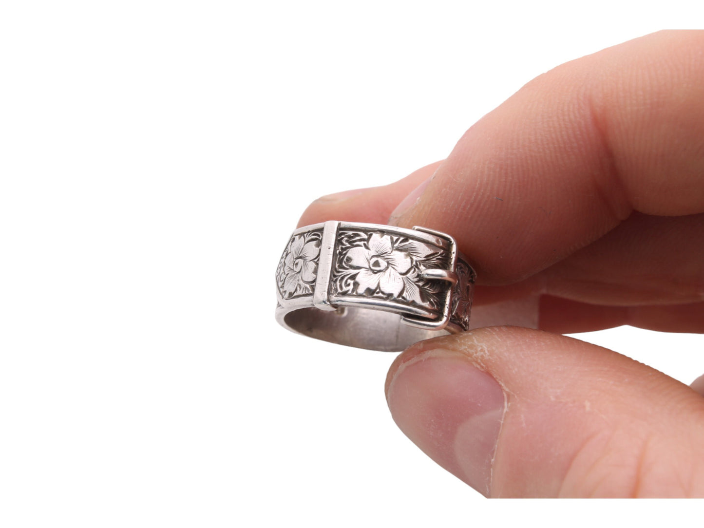 Antique Sterling Silver Decorative Floral Buckle Ring