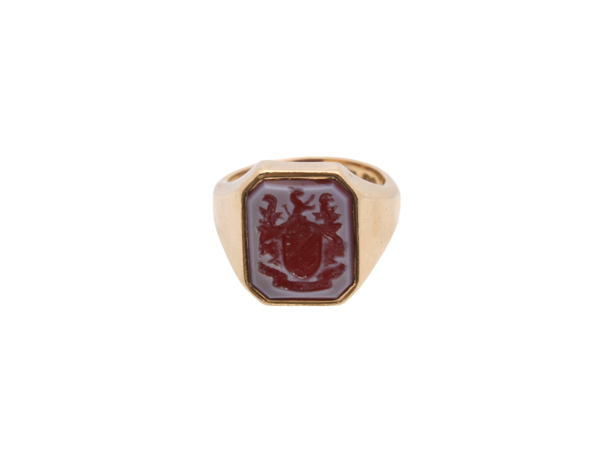 Vintage-18ct-Gold-Intaglio-"Let-The-Will-Of-God-Be-Done"-Sardonyx-Coat-Of-Arms-Signet-Ring