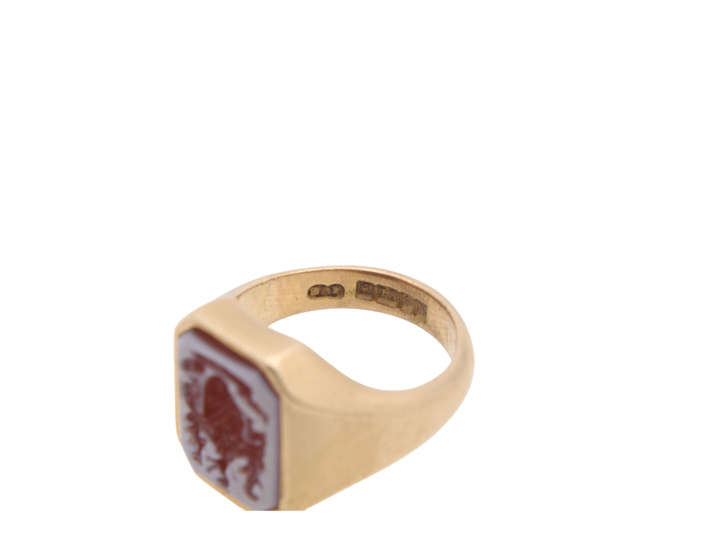 Vintage 18ct Gold Intaglio Lilac Agate Coat Of Arms Signet Ring