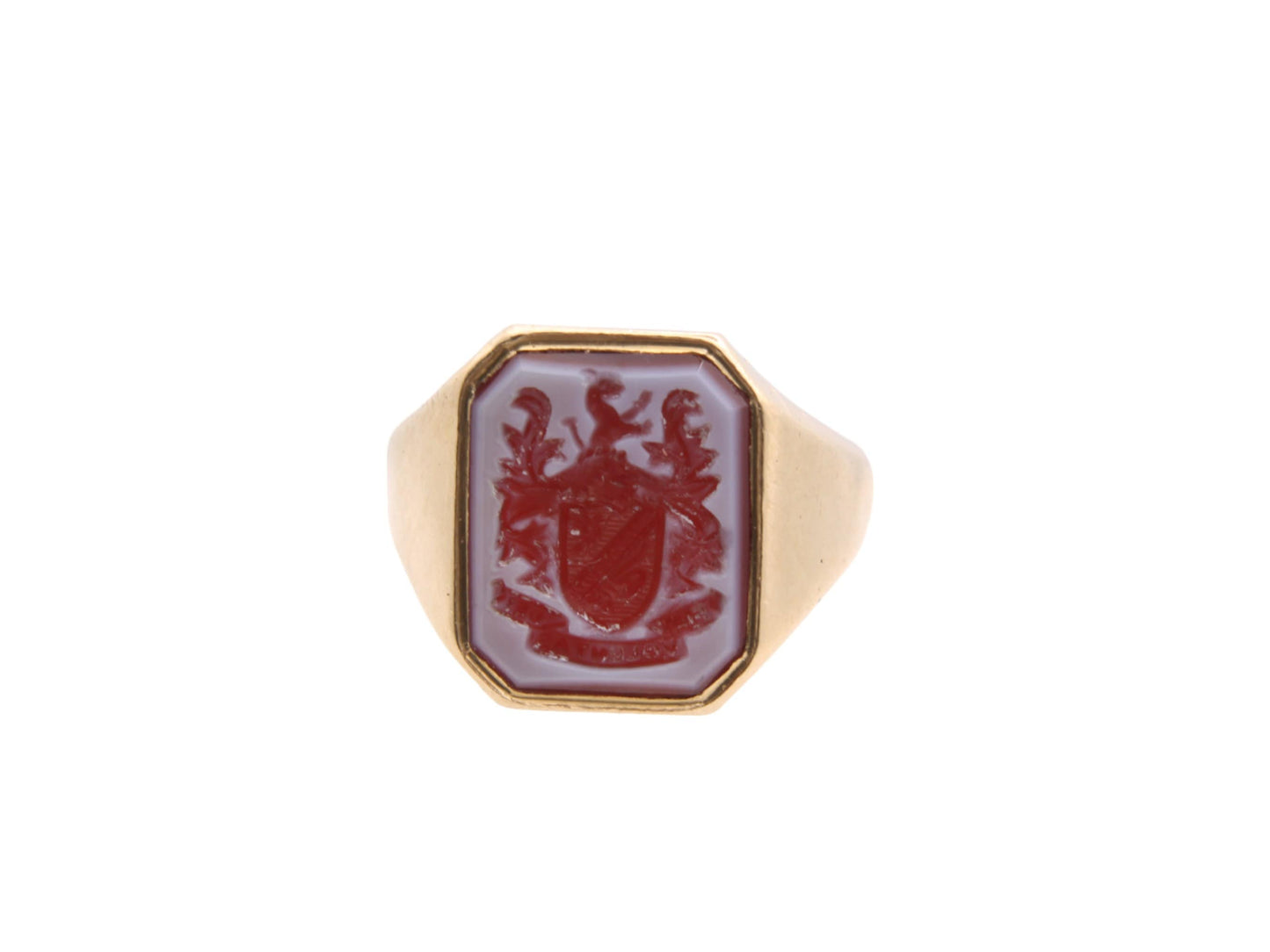 Vintage 18ct Gold Intaglio "Let The Will Of God Be Done" Sardonyx Coat Of Arms Signet Ring