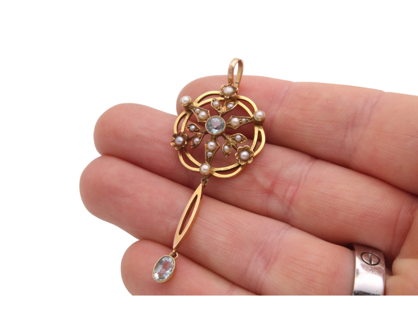 Antique 15ct Gold Aquamarine Pearl Pendant