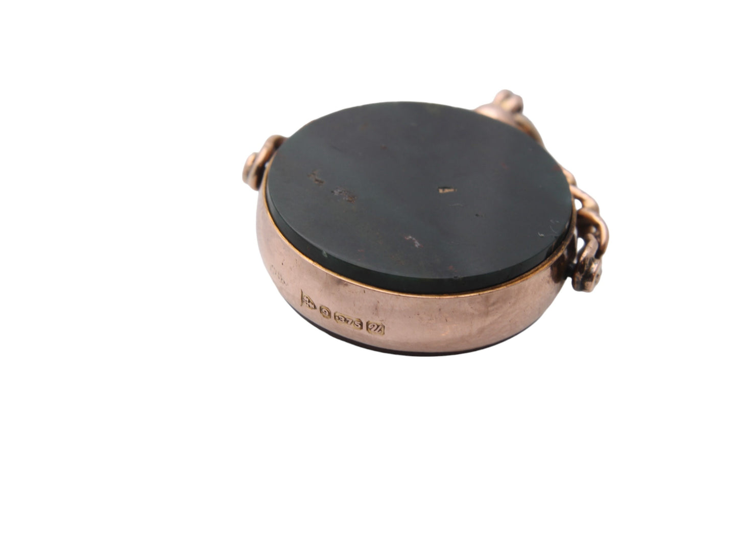 Antique-9ct-Gold-Large-Bloodstone-Carnelian-Spinner-Pendant,-1920