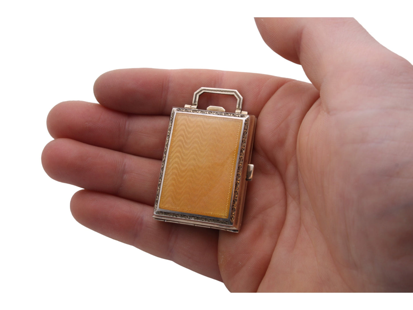 Art Deco Silver Guilloche Enamel Compact Vanity Perfume Scent Bottle, 1925