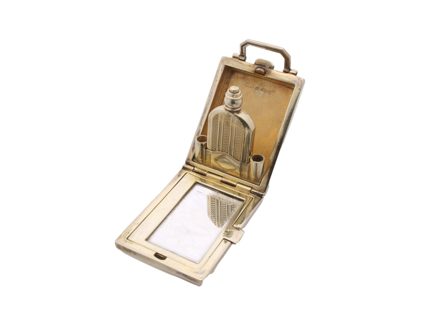 Art Deco Silver Guilloche Enamel Compact Vanity Perfume Scent Bottle, 1925