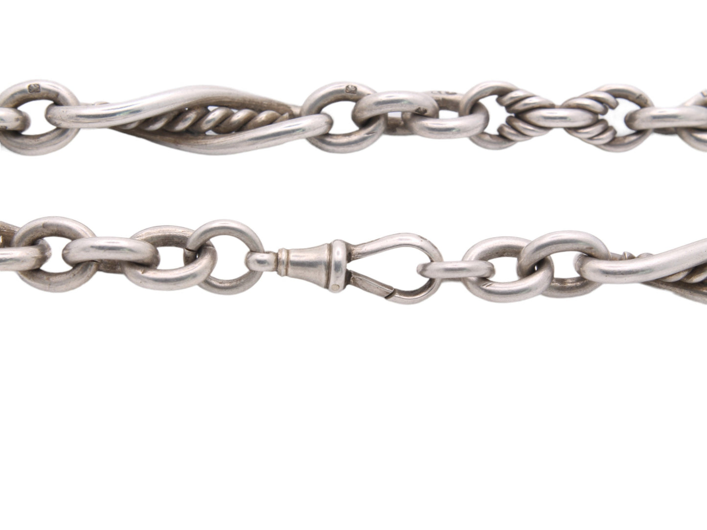 Antique Silver Fancy Twisted Trombone Link Watch Chain, 81g