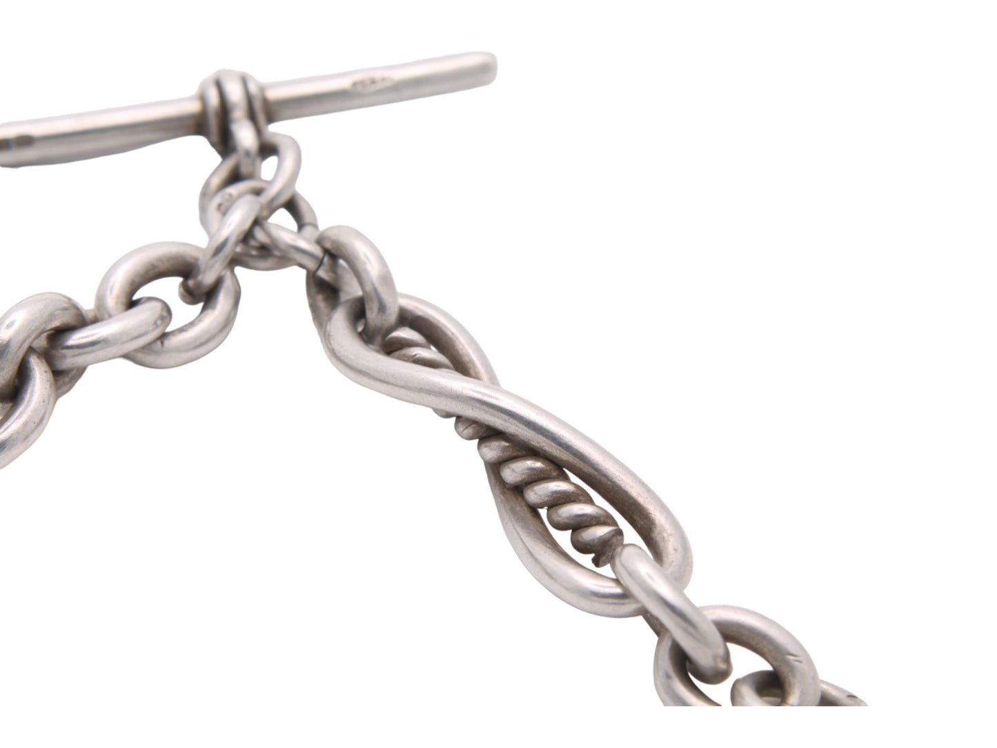 Antique Silver Fancy Twisted Trombone Link Watch Chain, 81g