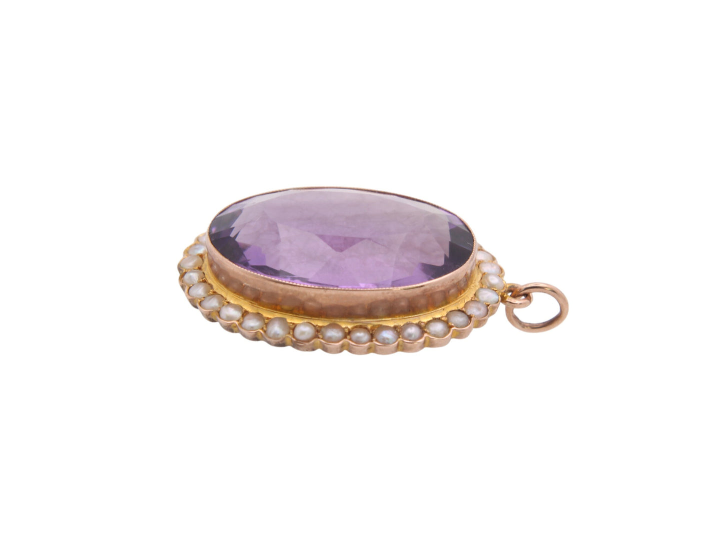 Antique 9ct Gold Amethyst & Seed Pearl Cluster Pendant, 16ct