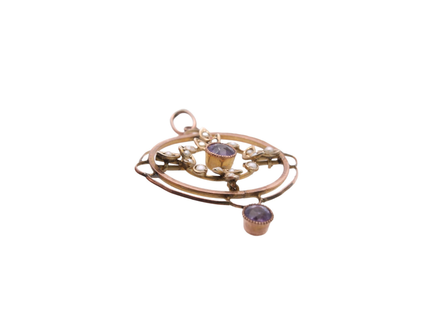Antique 9ct Gold Amethyst Seed Pearl Pendant