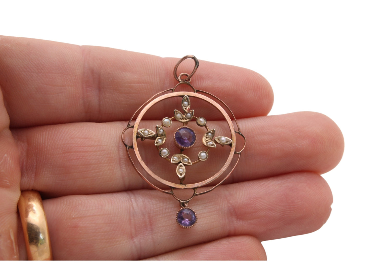Antique 9ct Gold Amethyst Seed Pearl Pendant