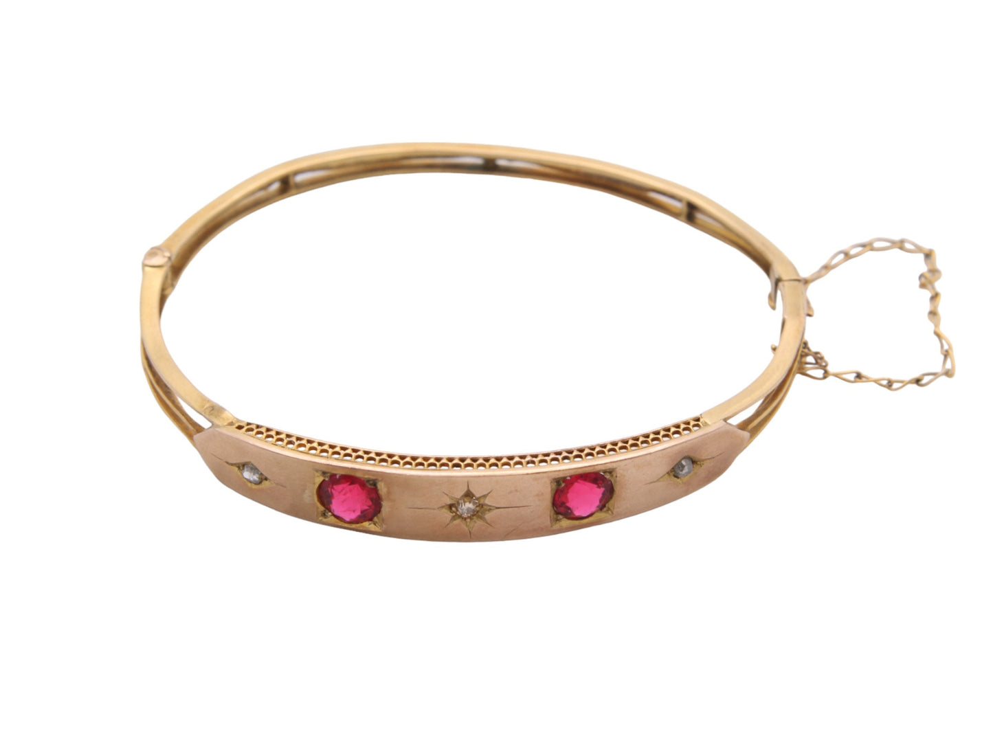 Antique 9ct Yellow Gold Ruby Paste & Diamond Bangle, 6.75"