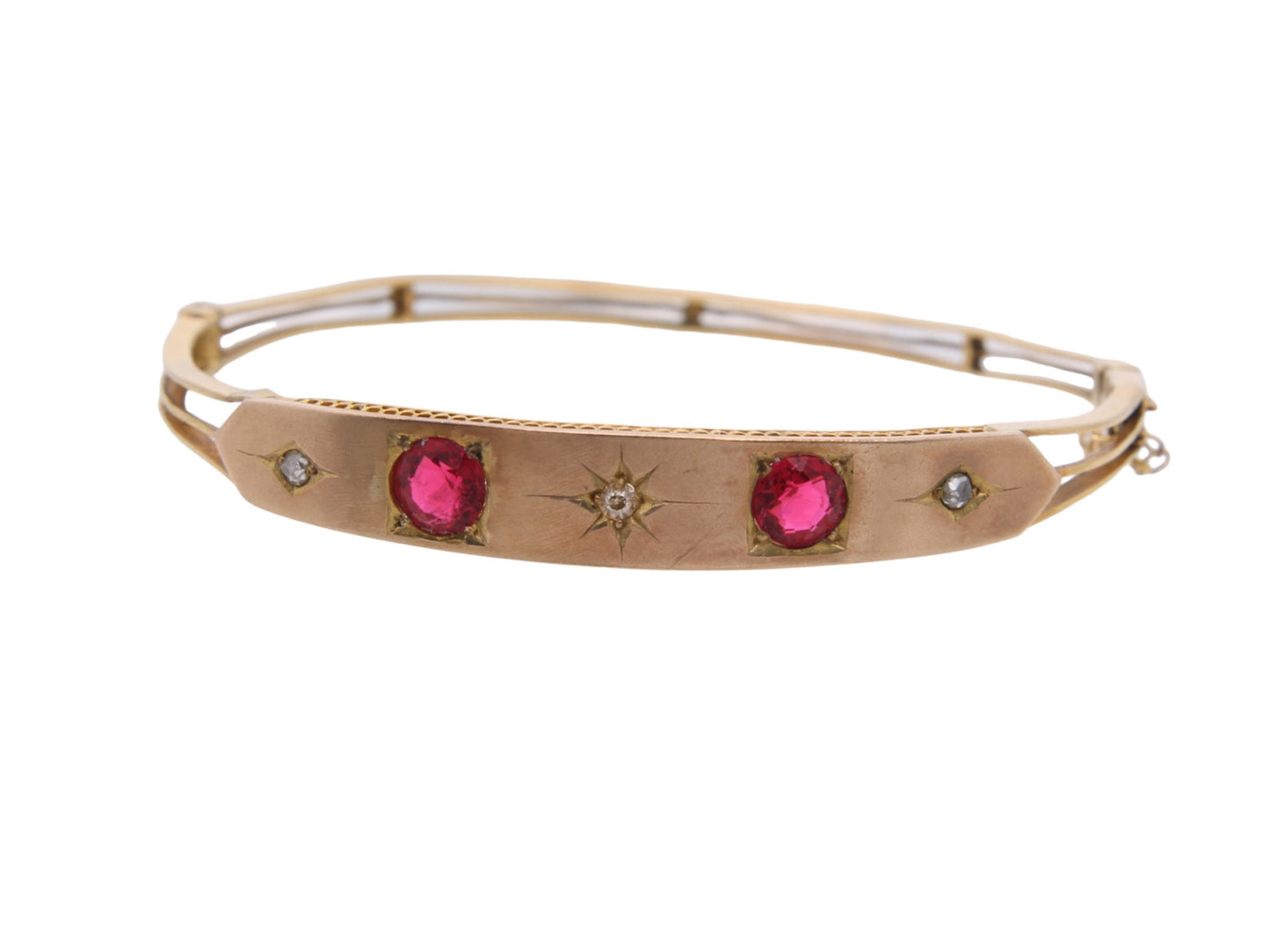 Antique 9ct Yellow Gold Ruby Paste & Diamond Bangle, 6.75"