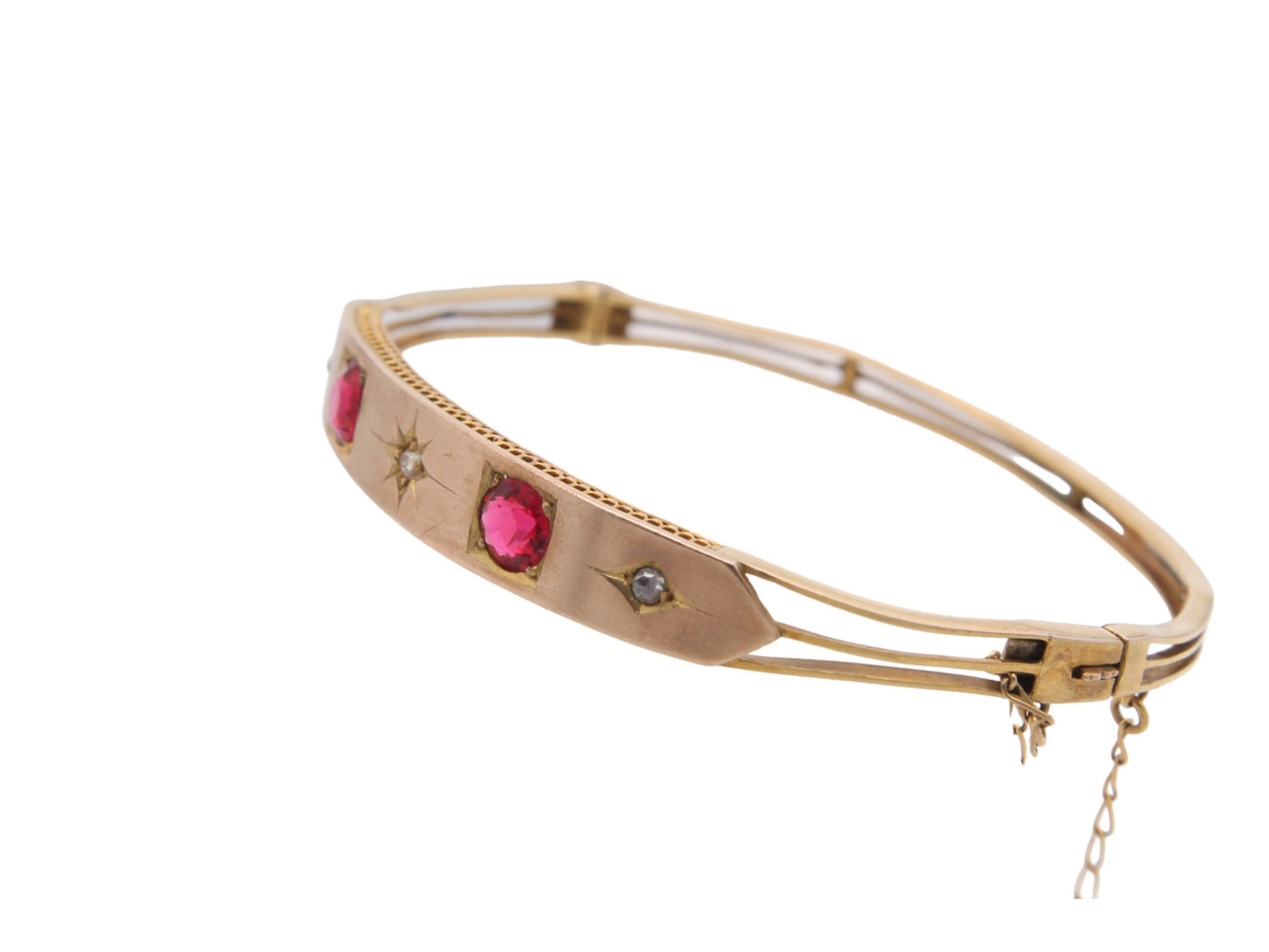 Antique 9ct Yellow Gold Ruby Paste & Diamond Bangle, 6.75"