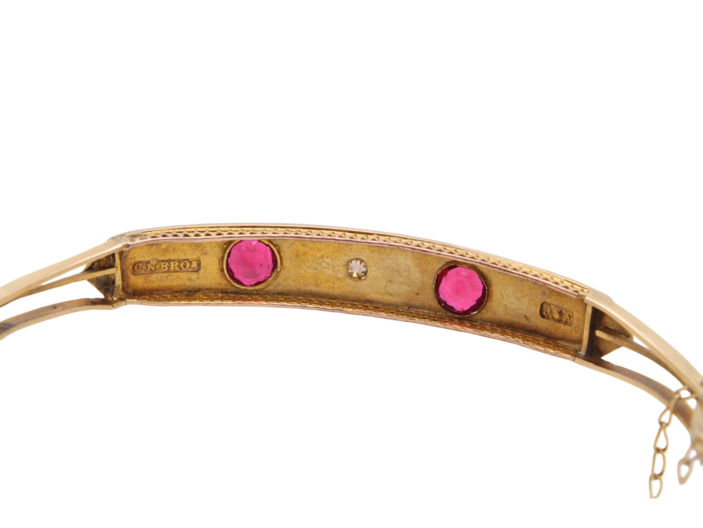 Antique 9ct Yellow Gold Ruby Paste & Diamond Bangle, 6.75"