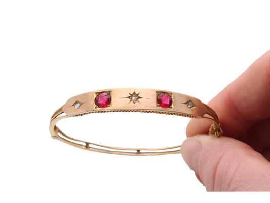 Antique 9ct Yellow Gold Ruby Paste & Diamond Bangle, 6.75"