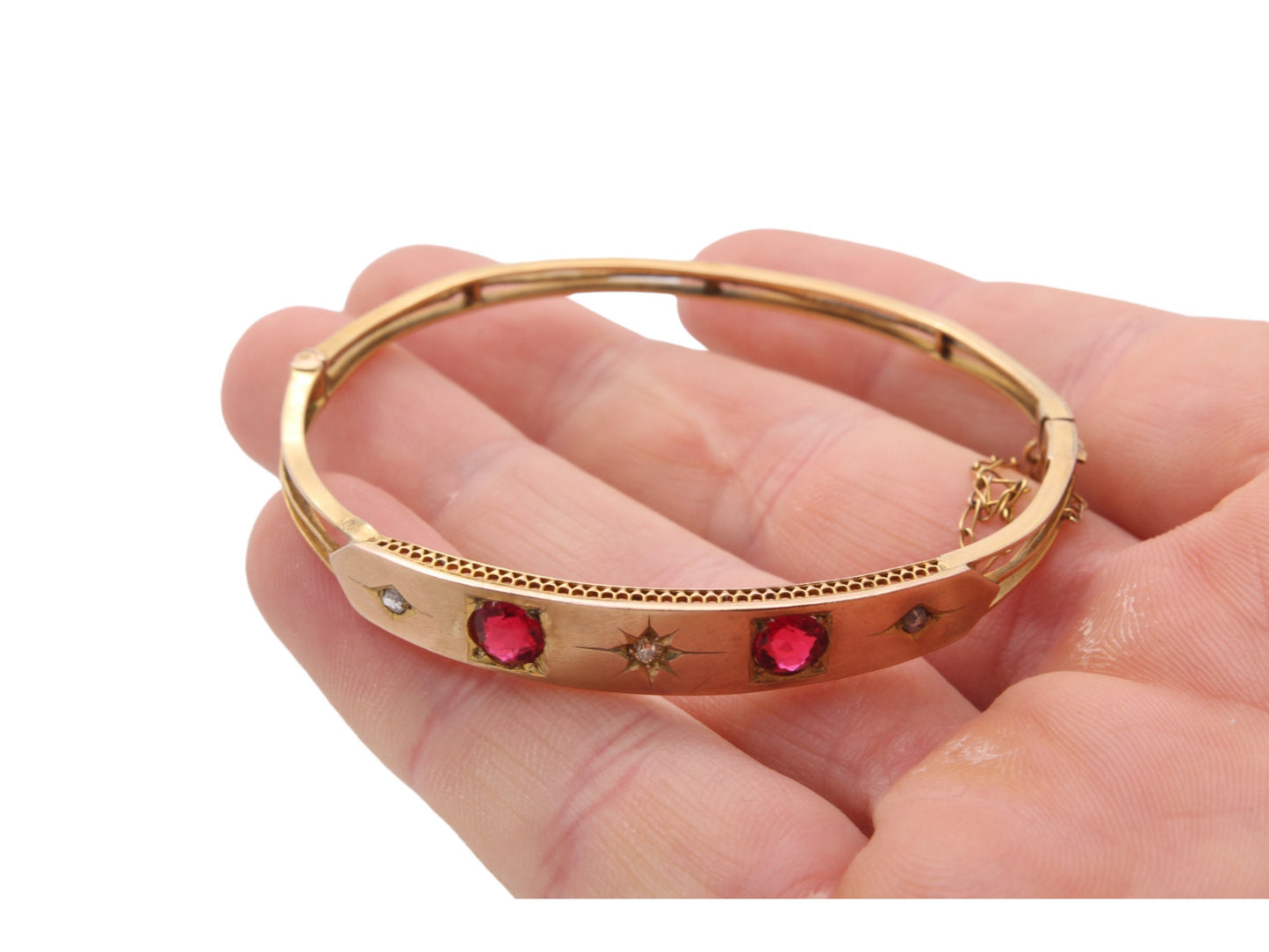 Antique 9ct Yellow Gold Ruby Paste & Diamond Bangle, 6.75"
