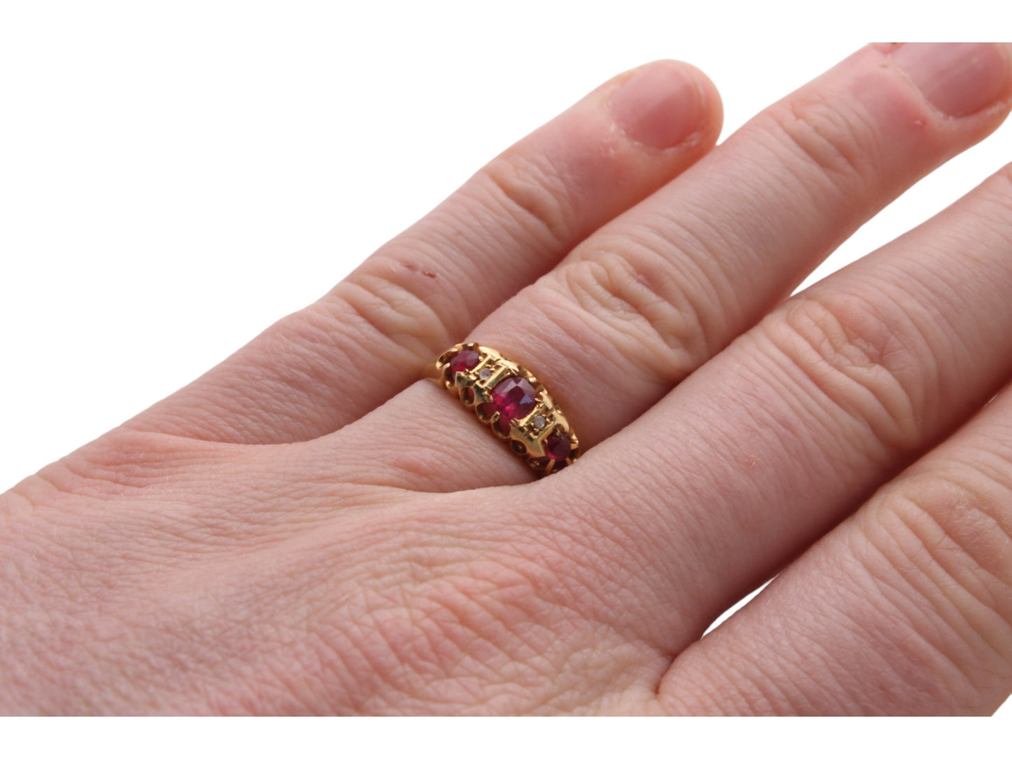 Antique-18ct-Gold,-Diamond-&-Ruby-Gypsy-Boat-Ring-0.36ctw