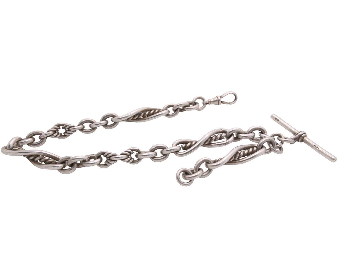 Antique Silver Fancy Twisted Trombone Link Watch Chain, 81g