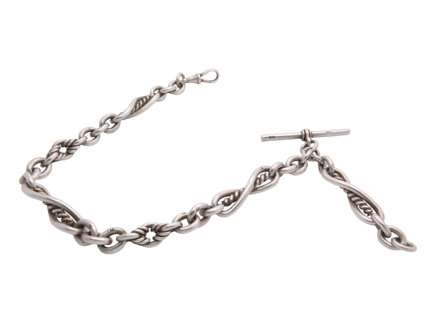 Antique Silver Fancy Twisted Trombone Link Watch Chain, 81g