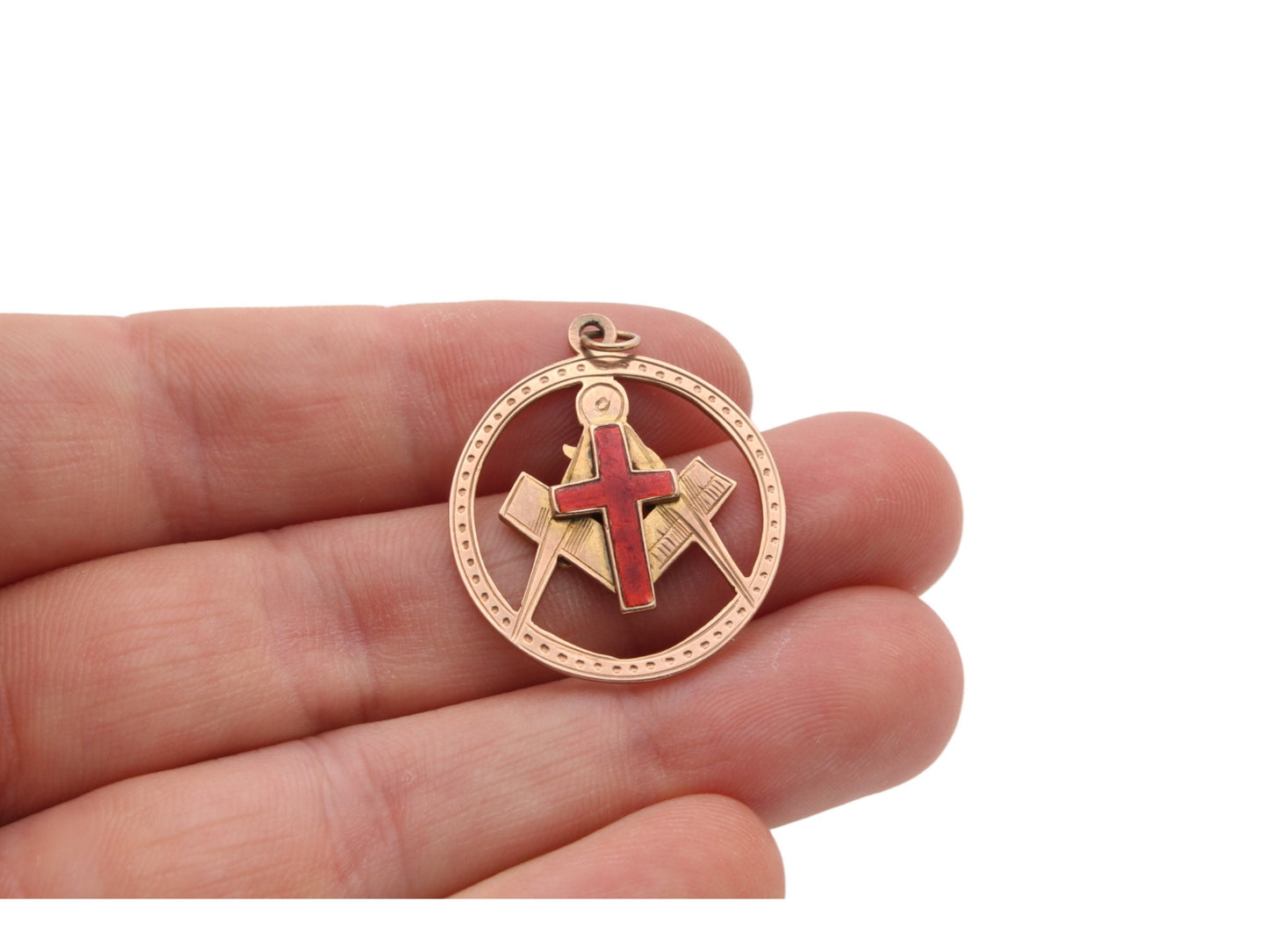 Antique 9ct Gold Masonic Pendant With Red Enamel Cross