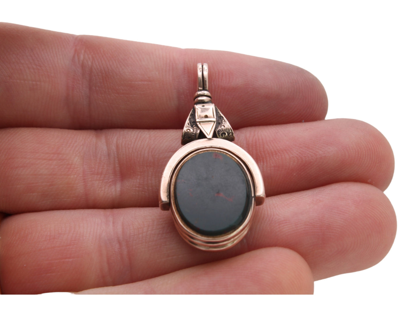 Antique 10ct Gold Bloodstone & Lilac Carnelian Buckle Spinner Pendant