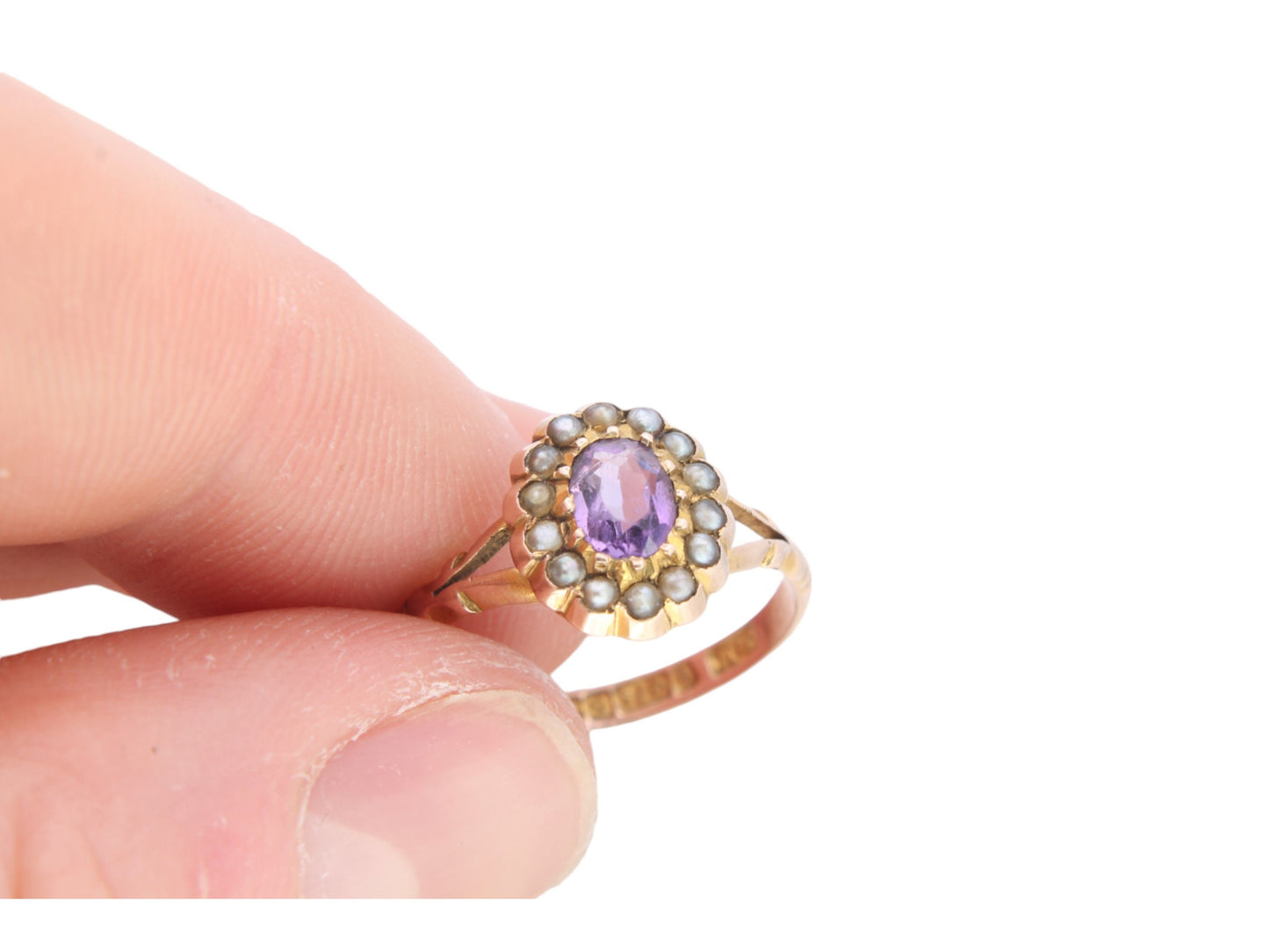 Antique 9ct Gold Amethyst Seed Pearl Cluster Ring