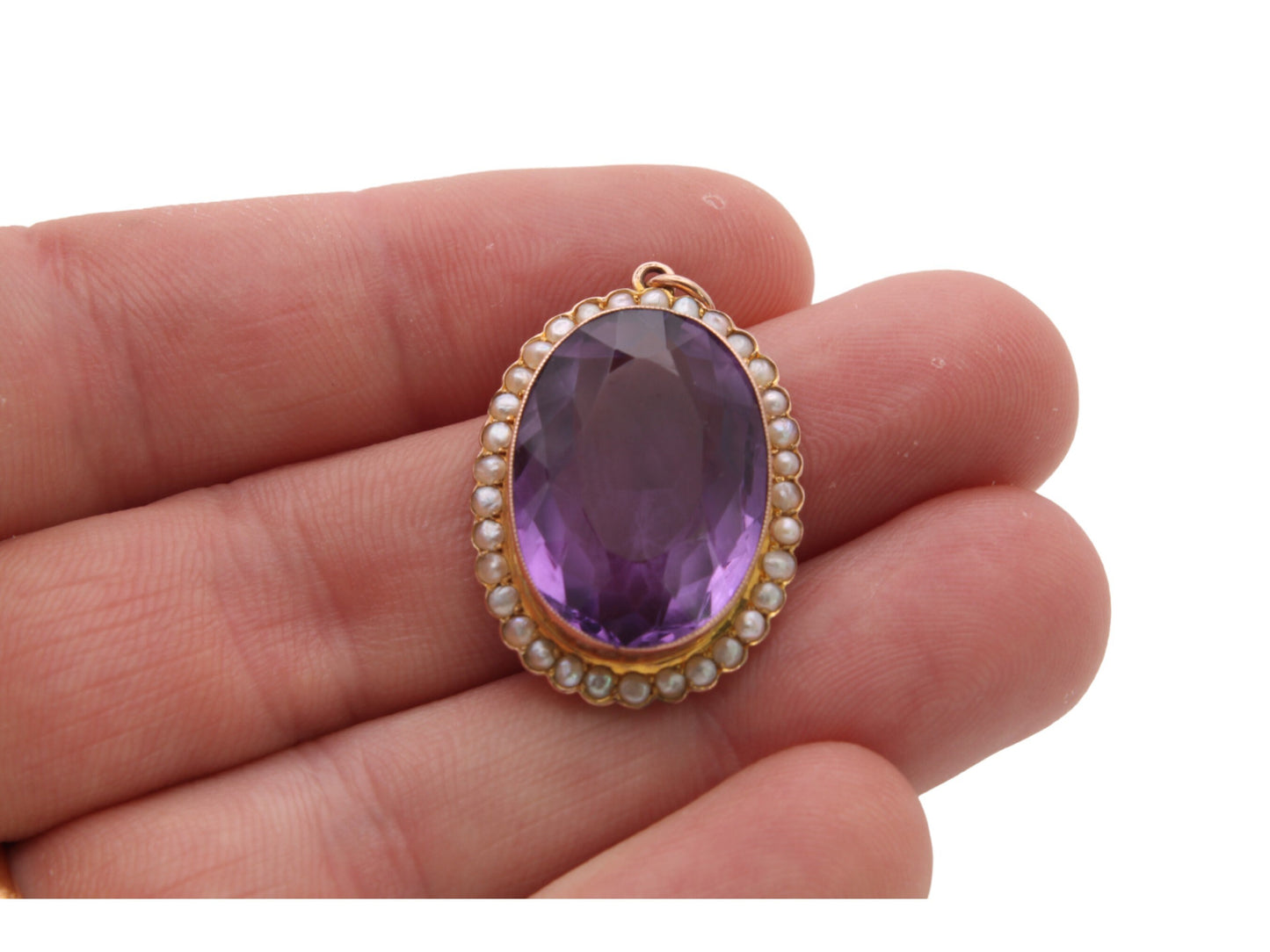 Antique 9ct Gold Amethyst & Seed Pearl Cluster Pendant, 16ct
