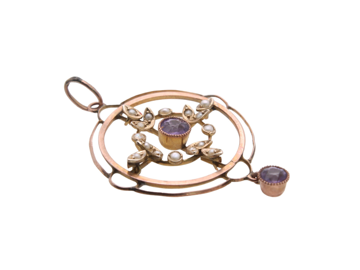 Antique 9ct Gold Amethyst Seed Pearl Pendant