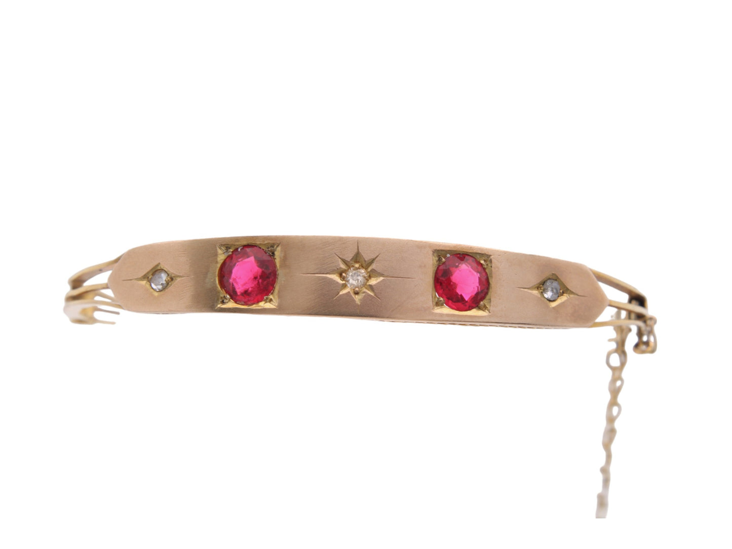 Antique 9ct Yellow Gold Ruby Paste & Diamond Bangle, 6.75"