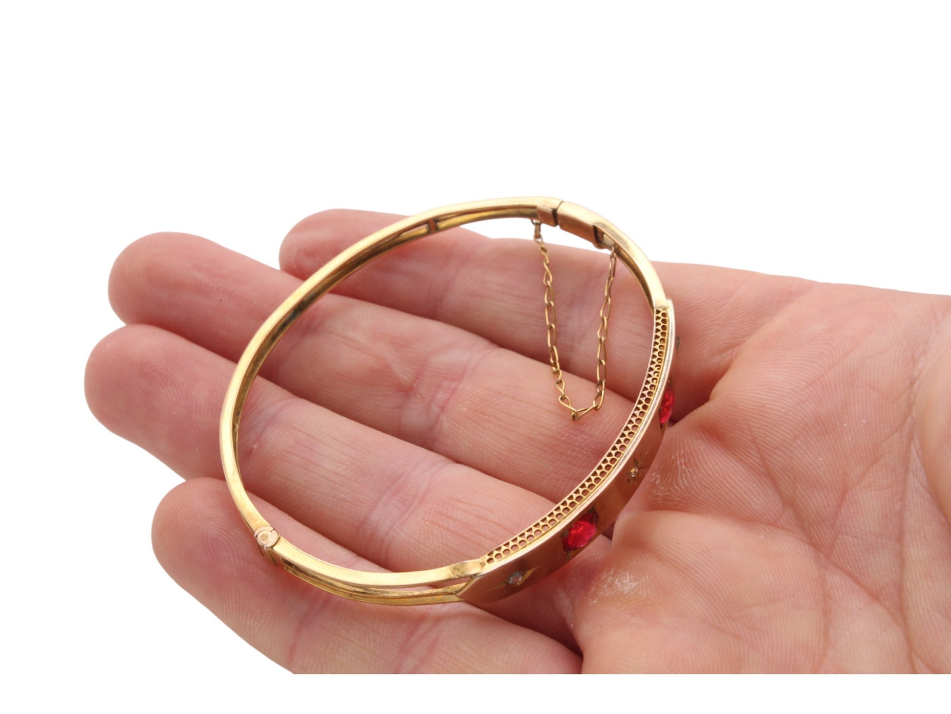 Antique-9ct-Yellow-Gold-Ruby-Paste-&-Diamond-Bangle,-6.75"